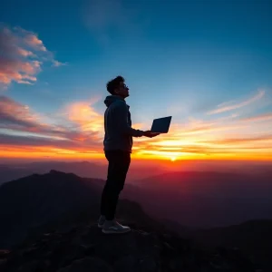 arketer on mountain at sunrise holding laptop, symbolizing success online

