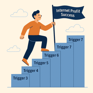 Person reaching the summit after climbing steps labeled with psychological triggers, symbolizing success through marketing psychology.