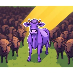 Purple Cow marketing strategy concept showing a unique purple cow standing out among plain brown cows, symbolizing remarkable online marketing techniques.