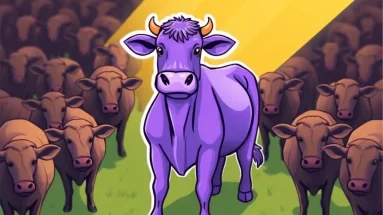 Purple Cow marketing strategy concept showing a unique purple cow standing out among plain brown cows, symbolizing remarkable online marketing techniques.