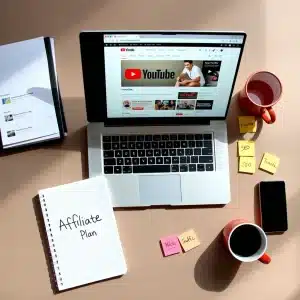 aheader YouTube affiliate marketing workspace with laptop, notes, and coffee mug