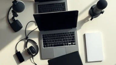 Desk with laptop, microphone, and notepad — tools for faceless online business ideas"