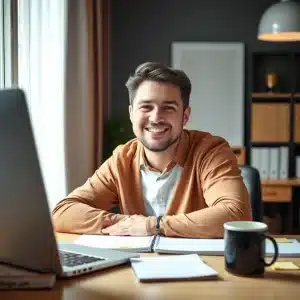 aheader011225 New internet marketer working from home, planning content for online business success.