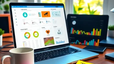 Laptop showing affiliate marketing dashboard with notes about high-converting products and tracking tools in a cozy workspace.