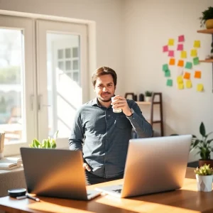 Confident online entrepreneur planning personal brand strategy at home office