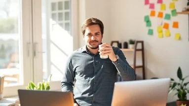 Confident online entrepreneur planning personal brand strategy at home office