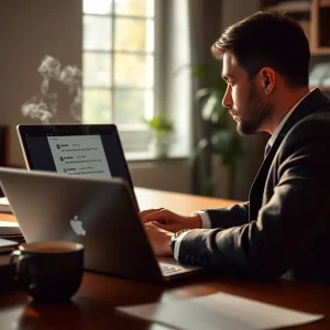 Person reviewing cold email leads at a laptop with coffee steaming beside them.