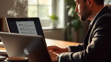 Person reviewing cold email leads at a laptop with coffee steaming beside them.