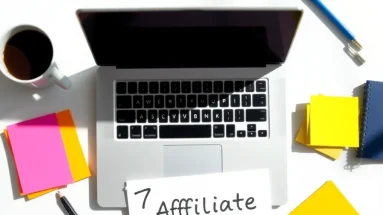 flat lay of laptop and note reading ‘7 Affiliate Hacks’ on colorful workspace