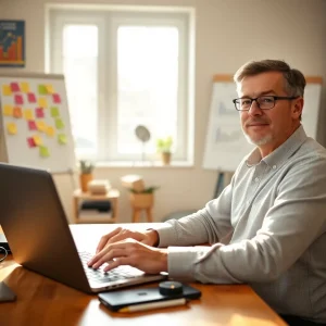 Entrepreneur planning Good to Great marketing strategies in a bright home office