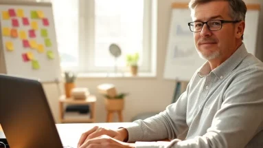 Entrepreneur planning Good to Great marketing strategies in a bright home office