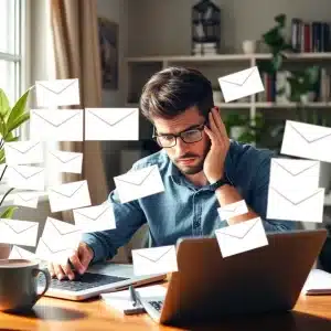 Frustrated entrepreneur looking at unread emails on laptop in home office