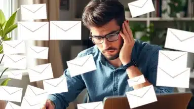 Frustrated entrepreneur looking at unread emails on laptop in home office