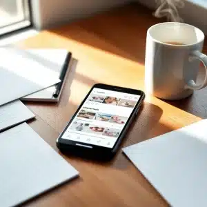 Smartphone showing Instagram Reels surrounded by content planning notes and coffee