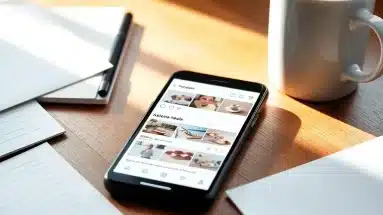 Smartphone showing Instagram Reels surrounded by content planning notes and coffee