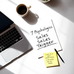 esk setup with a notepad titled “7 Psychological Sales Triggers”, laptop and coffee — representing a beginner marketer planning a sales funnel.
