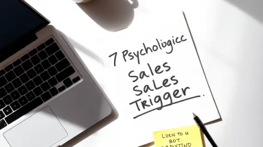 esk setup with a notepad titled “7 Psychological Sales Triggers”, laptop and coffee — representing a beginner marketer planning a sales funnel.