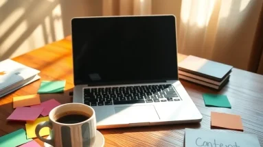 Laptop with content planning setup on a desk, showing notepad labeled ‘Content Ideas’ and coffee cup — perfect for beginners planning content.