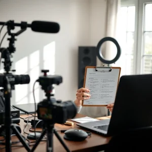 header Content creator reviewing a pre-recording checklist for videos with camera setup and lighting gear