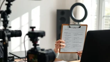 Content creator reviewing a pre-recording checklist for videos with camera setup and lighting gear