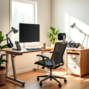 header Modern home office setup for newbie marketers with ergonomic gear and clean workspace