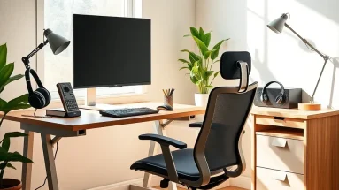 Modern home office setup for newbie marketers with ergonomic gear and clean workspace