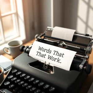 header Retro typewriter with paper that reads 'Words That Work' next to a coffee cup and notepad