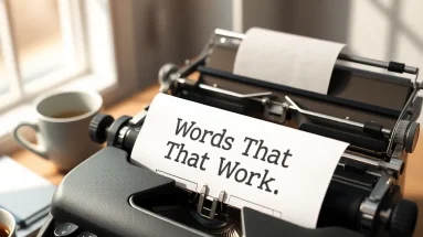 Retro typewriter with paper that reads 'Words That Work' next to a coffee cup and notepad