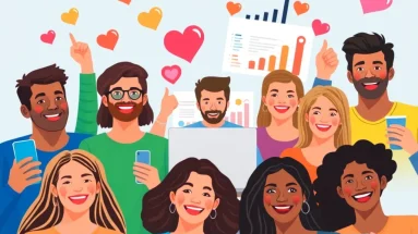 Group of superfans engaging with a digital creator, symbolizing online community growth and connection.