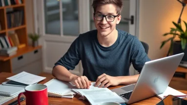 Beginner creating their first digital product in a cozy home workspace