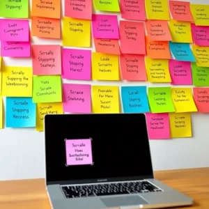 Headline swipe file ideas displayed on sticky notes and laptop screen