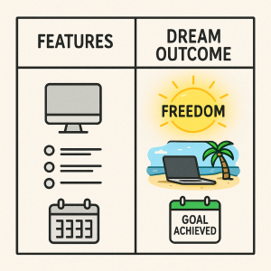 Comparison of dream outcome vs features in irresistible offer strategies for online marketers
