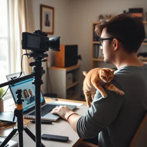 3261225 Relatable home scene showing casual Facebook Reels content creation.