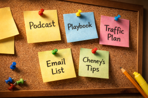 Bulletin board summarizing Michael Cheney marketing tips for beginners action steps
