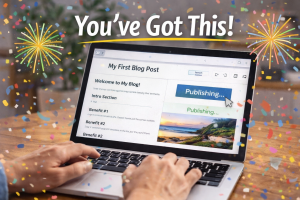 Beginner blogger celebrating their first post using simple blog setup without tech skills
