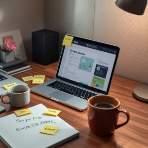 Creative workspace showing a content planner and sticky notes for swipe file ideas