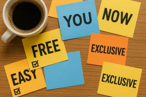 ahead161225 Sticky notes showing power words for conversions like Free, Now, and Discover.