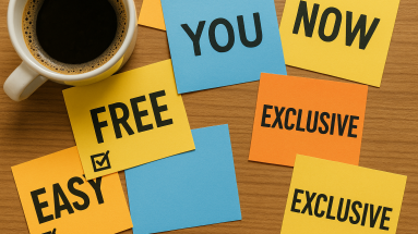 Sticky notes showing power words for conversions like Free, Now, and Discover.