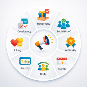 Infographic showing Cialdini persuasion techniques for internet marketers including reciprocity, scarcity, and social proof