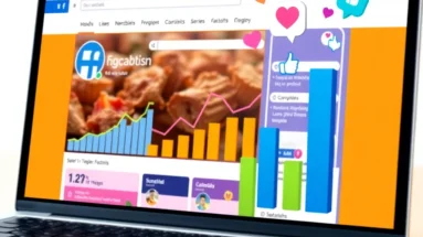 Facebook growth strategies dashboard with rising engagement metrics and icons
