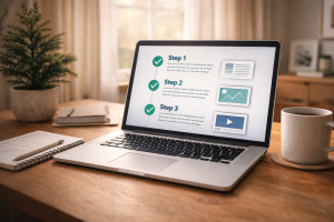 aptop showing step-by-step tutorial with notes and coffee