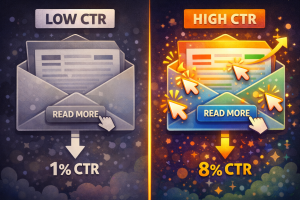 Visual comparison between low click-through rate and high click-through rate email layouts
