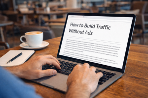 1280126 Person writing SEO blog post in coffee shop with title focused on free traffic