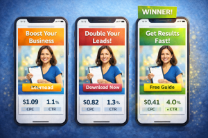 Three ad headlines being tested for engagement with results displayed on mobile screens.
