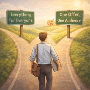 1300126 A person at a fork in the road choosing the path labeled “One Offer, One Audience.