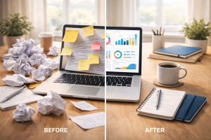 Before and after setup showing messy desk transformed into organized success space
