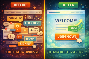 Before-and-after of a landing page showing improved conversion layout
