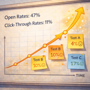 2300126 Marketing dashboard with email metrics and a graph tracking growth.
