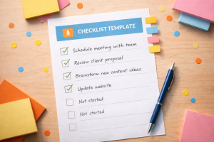 Printed template or checklist with handwritten notes and sticky tabs
