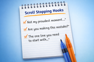 Examples of scroll stopping hooks for engagement on a creative swipe board

